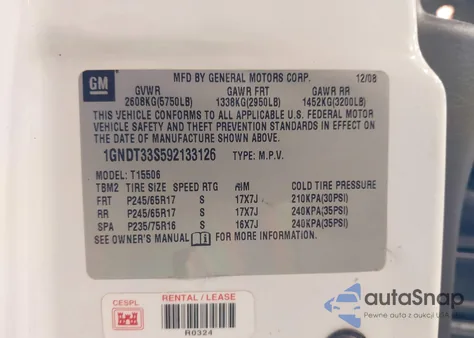 2009 Chevrolet Trailblazer Lt z USA, uszkodzony, nr VIN 1GNDT33S592133126